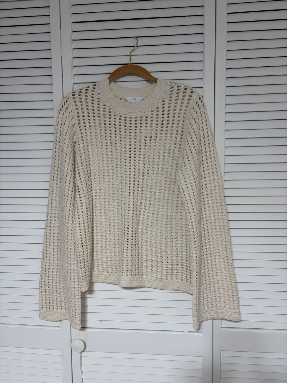 Time and Tru Cream Open-Knit Crewneck Sweater